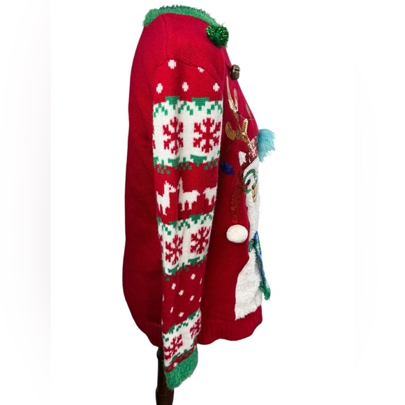 Hooked Up Ugly Christmas Sweater Red with Llama Design POM POM & jingle bells - Picture 7 of 13